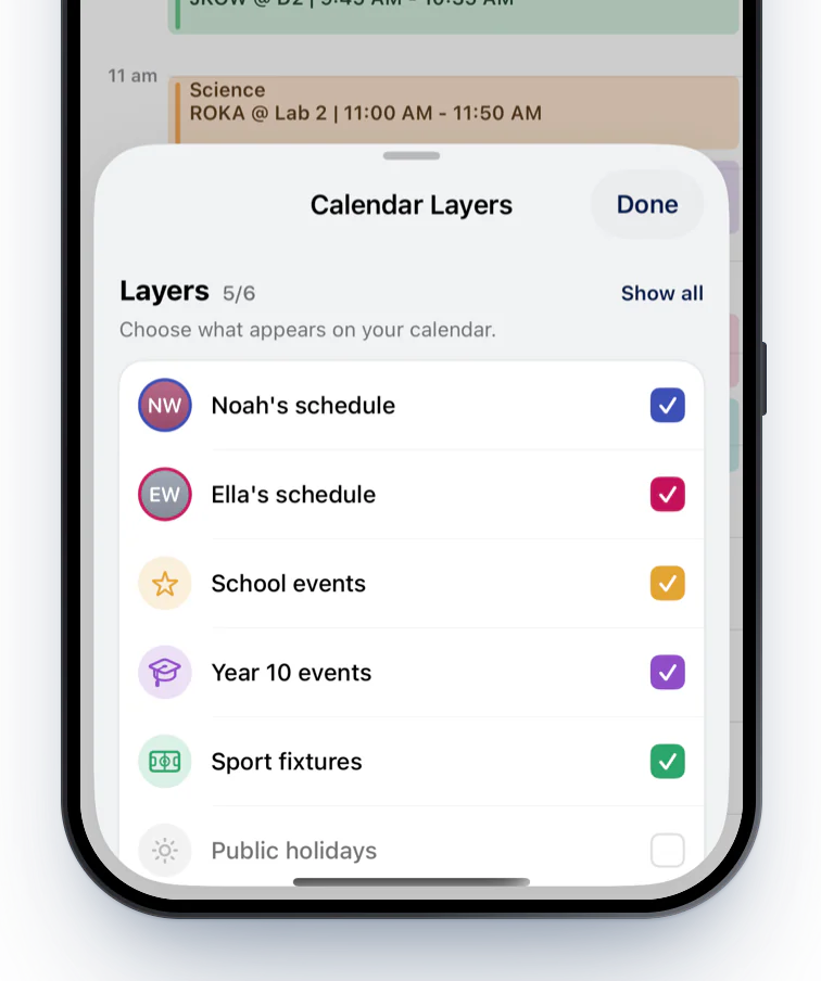 A half-sheet listing calendar layers for each child, the school and sport