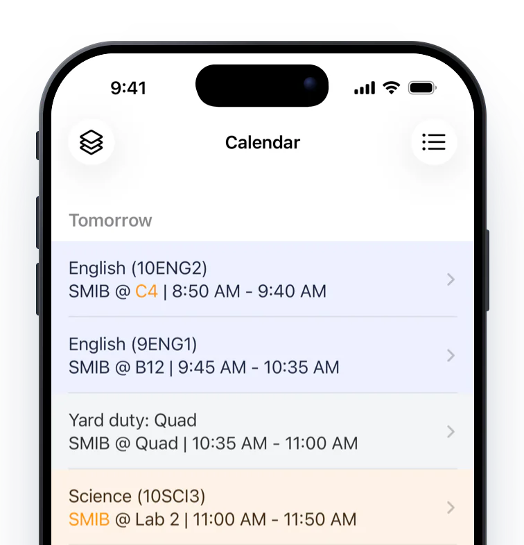 A calendar list showing teacher and room on each class, with a room change highlighted