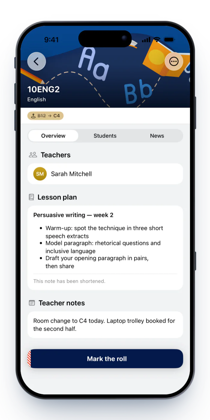 Class page for 10ENG2 with header artwork, a B12 to C4 room change, teachers, the lesson plan and teacher notes