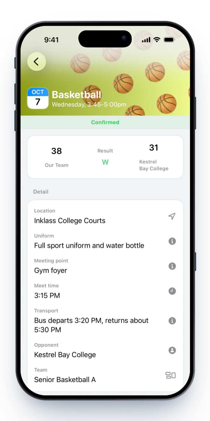 A Clipboard basketball session: Confirmed, a 38 to 31 win, location, uniform, meeting point, meet time, transport, opponent and team