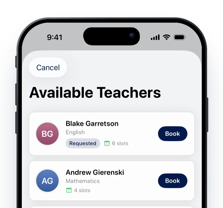 Available teachers listed by name with their subject and a Book button