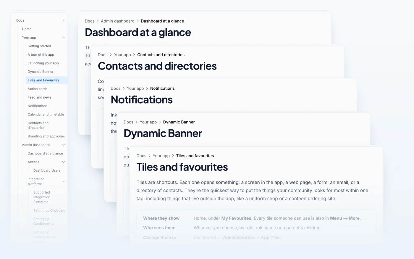 Inklass guides: a long list of guides beside cascading guide pages for Dashboard at a glance, Contacts and directories, Notifications, Dynamic Banner, and Tiles and favourites