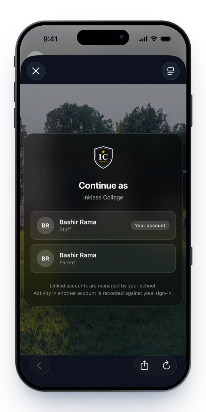 The school sign-in page inside the app asking which account to continue as: the same person's Staff account and Parent account
