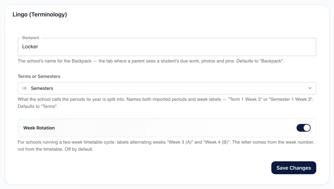 Lingo settings with Semesters chosen and Week Rotation switched on