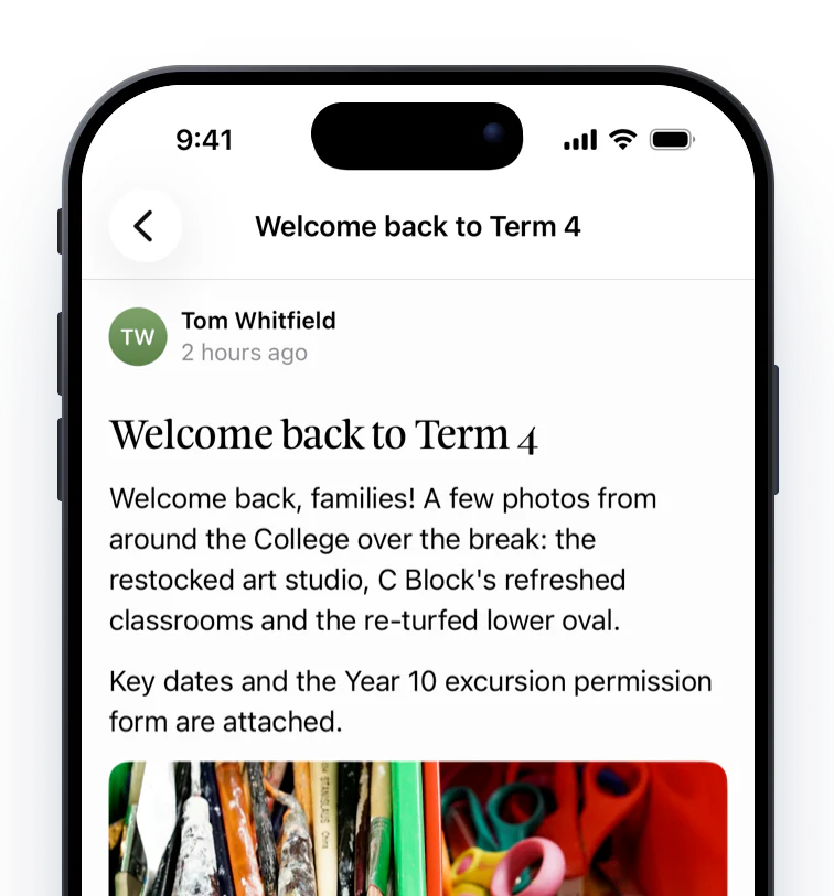 A news post with a photo collage and attachments with coloured file icons