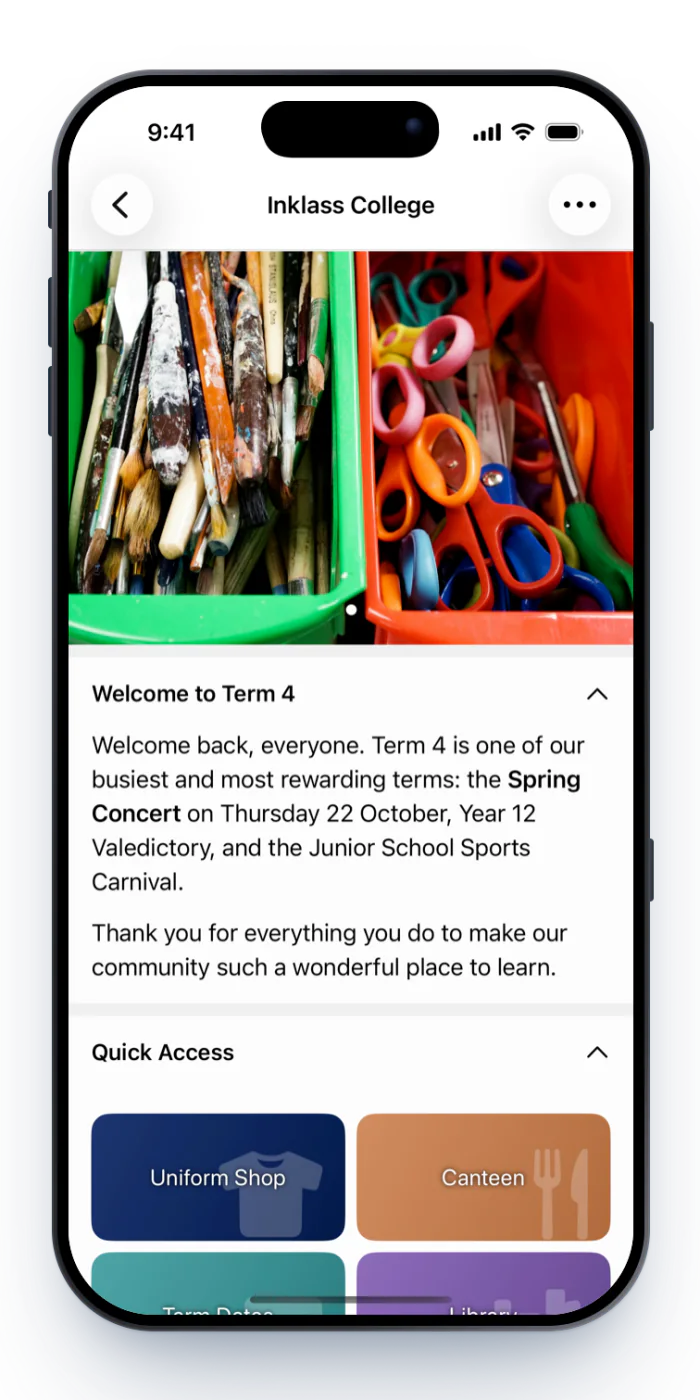 A Schoolbox homepage in the app with a photo banner, a Welcome to Term 4 message and Quick Access tiles