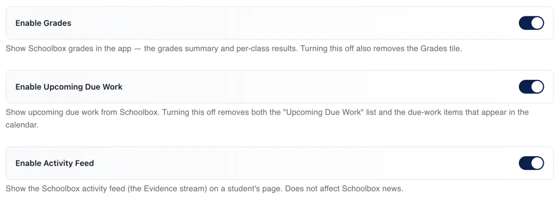 Schoolbox platform settings with switches for Grades, Upcoming Due Work and the Activity Feed