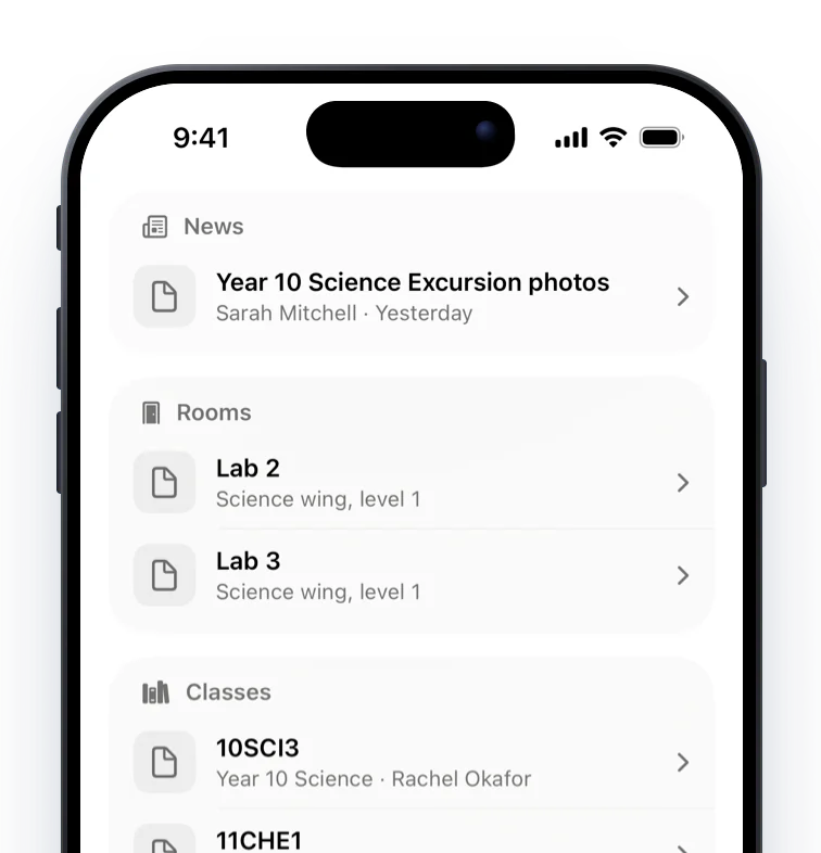 Search results for Sci grouped into News, Rooms, Classes and People with filter chips