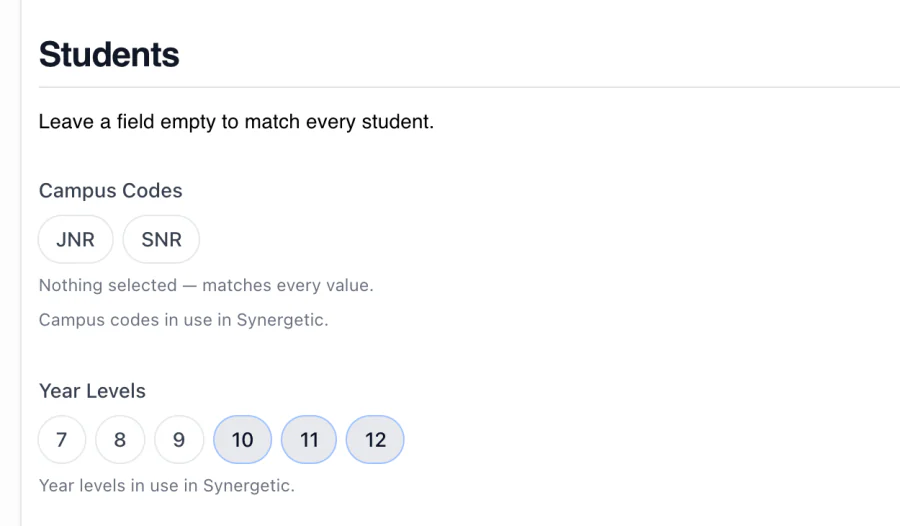 Synergetic Student Segments editor: a Senior School segment matching year levels 10 to 12, emailing the senior school office
