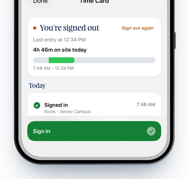 The Time Card sheet showing time on site today and a Sign In button