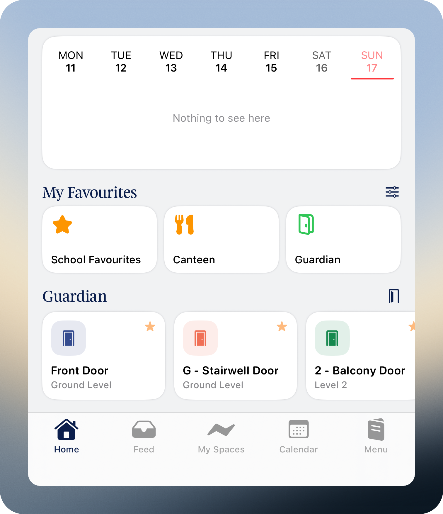 Compass office home screen — My Favourites with School Favourites, Canteen and Guardian; Guardian module with Front Door, G - Stairwell Door and 2 - Balcony Door tiles