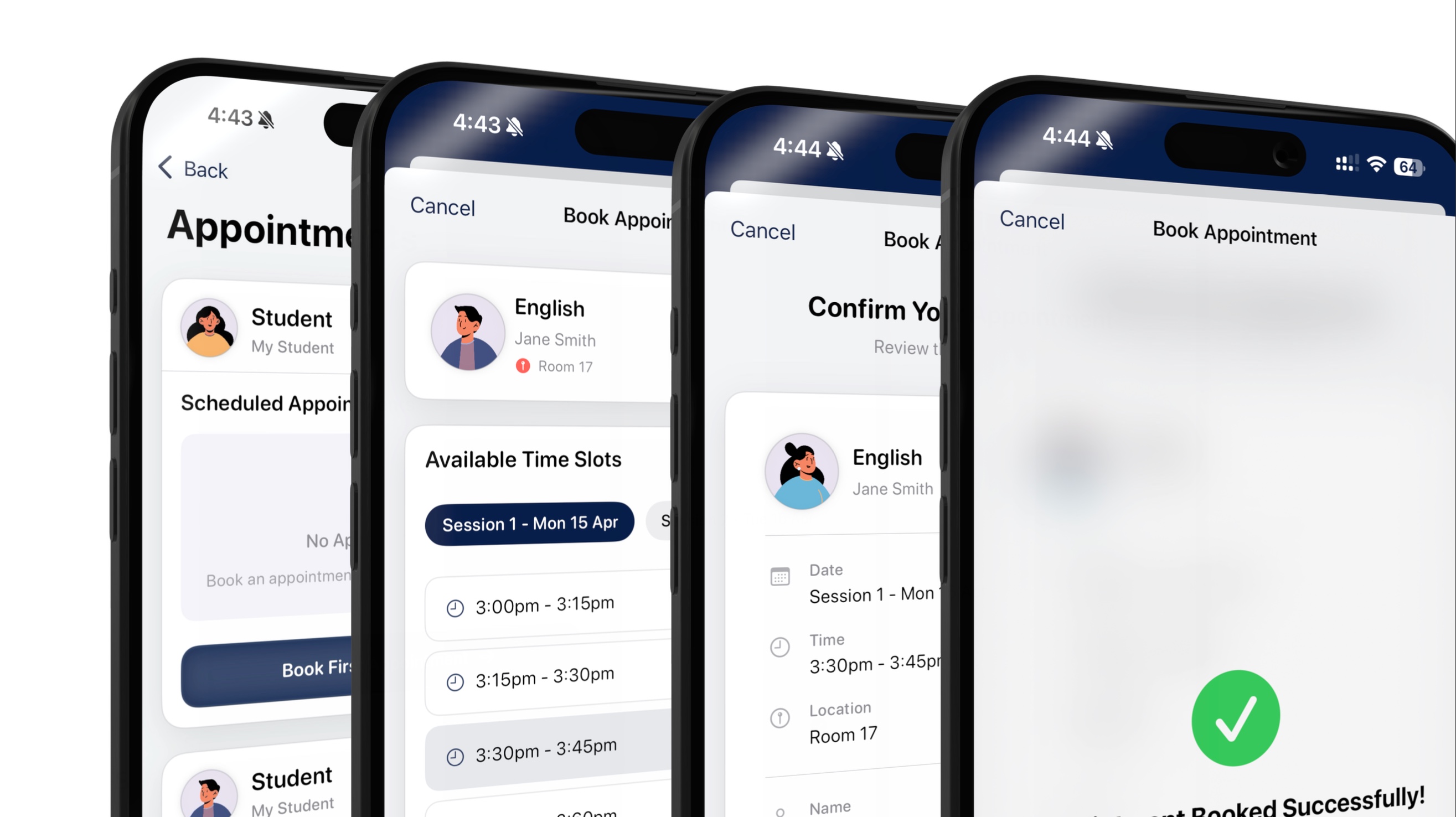 Parent-Teacher Interview booking flow on iPhone — Appointments overview with student selector, the Book Appointment view with available time slots for English with Jane Smith in Room 17, the Confirm step showing date, time, location and name, and the Booked Successfully confirmation