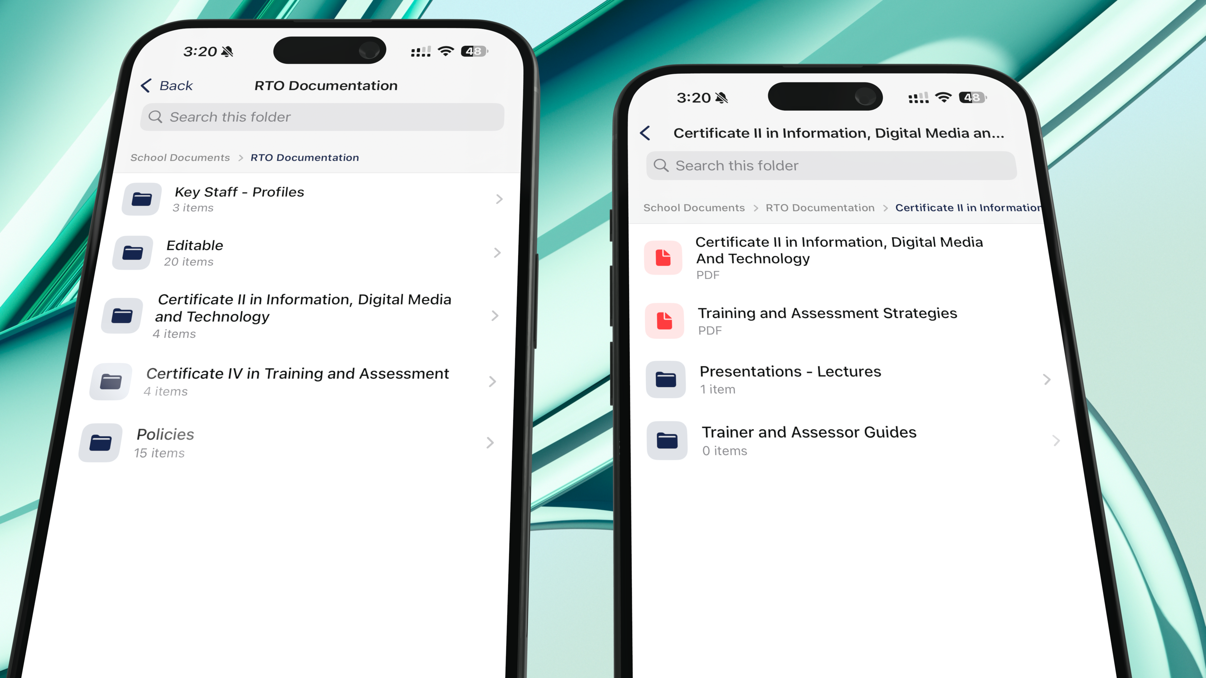 School Documents browser on iPhone — folder navigation, breadcrumbs and inline PDF preview, sourced from Compass as the data source