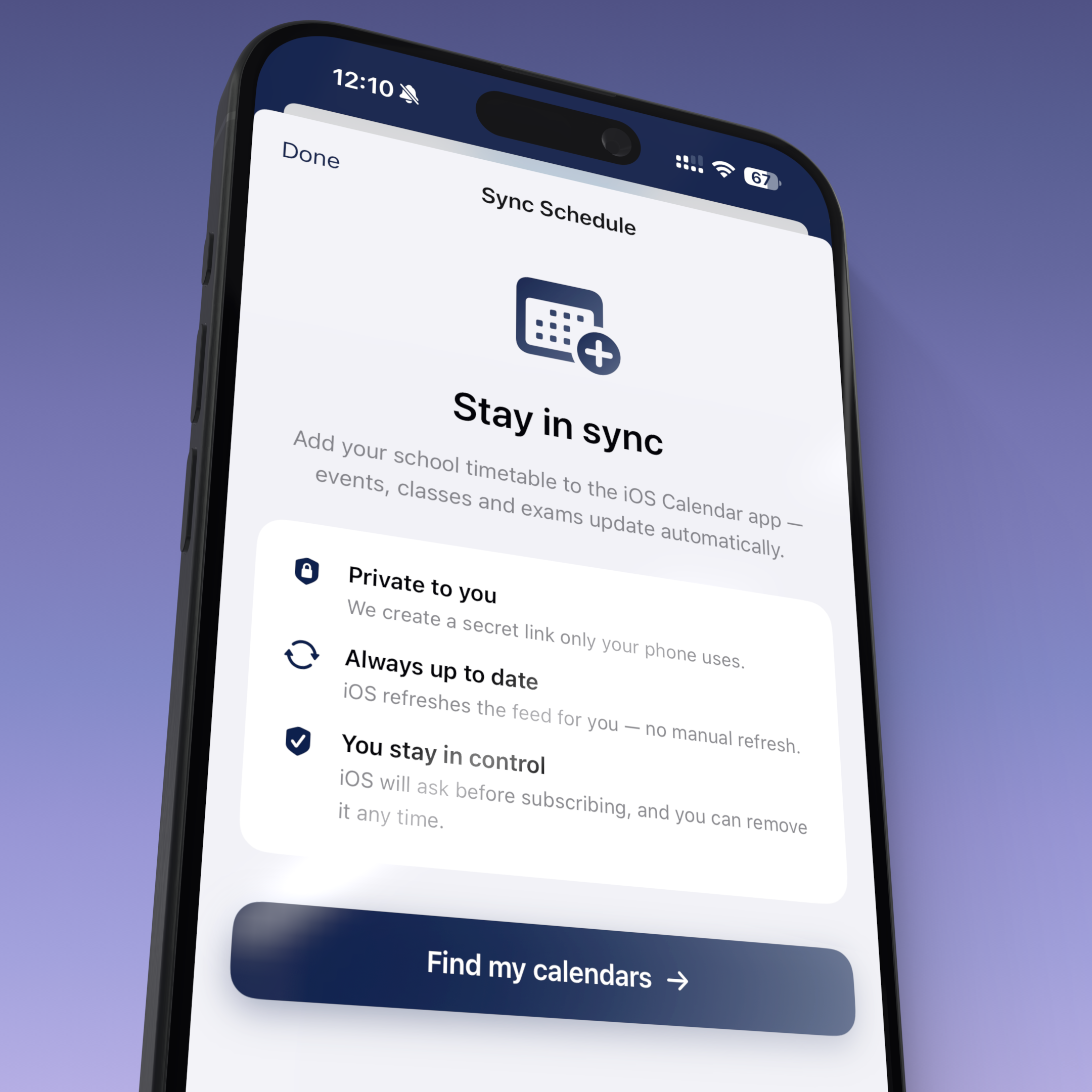 Sync Schedule intro sheet — Stay in sync, with Private to you, Always up to date, and You stay in control as the value props, plus a Find my calendars button